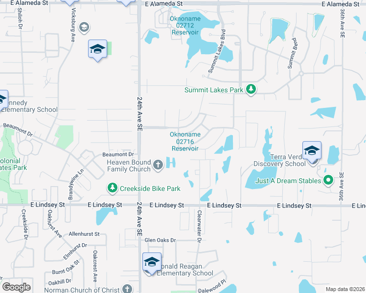 map of restaurants, bars, coffee shops, grocery stores, and more near 2607 Dunham Drive in Norman