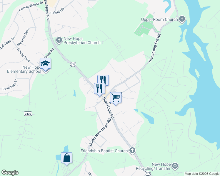 map of restaurants, bars, coffee shops, grocery stores, and more near 1670 Armstrong Ford Road in Belmont