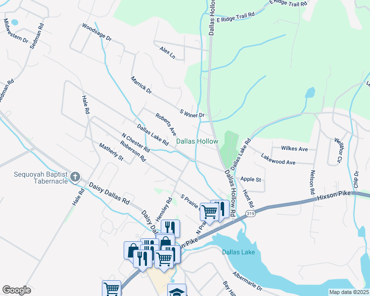 map of restaurants, bars, coffee shops, grocery stores, and more near Dallas Lake Road in Hamilton County