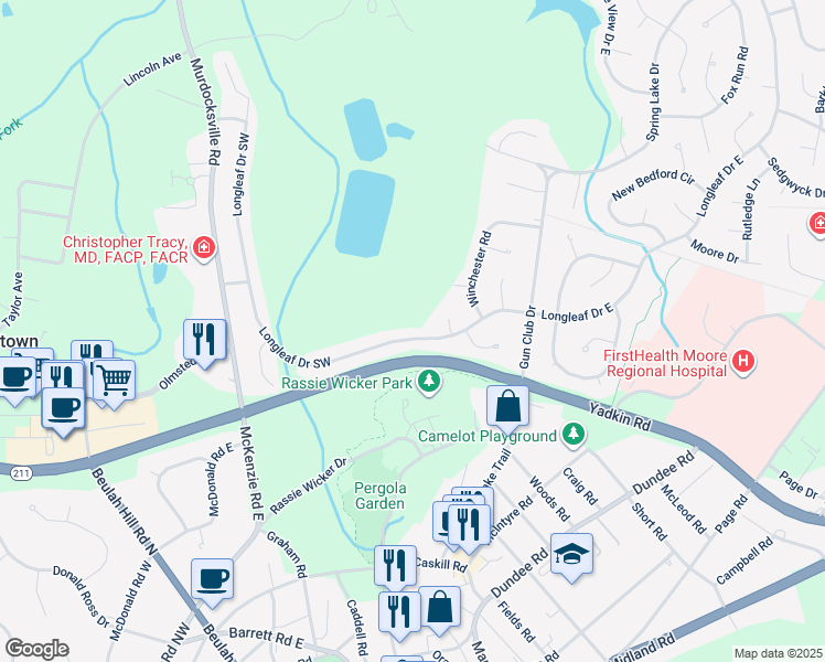 map of restaurants, bars, coffee shops, grocery stores, and more near 155 Longleaf Drive Southwest in Pinehurst