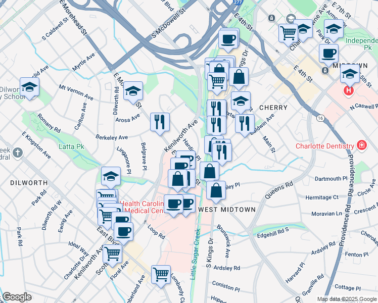 map of restaurants, bars, coffee shops, grocery stores, and more near 1328 Harding Place in Charlotte