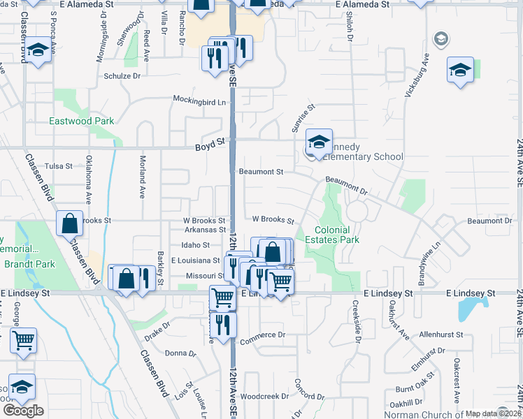 map of restaurants, bars, coffee shops, grocery stores, and more near 1218 Charleston Ct in Norman