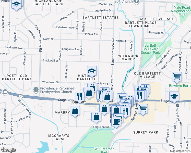 map of restaurants, bars, coffee shops, grocery stores, and more near 3019 Court Street in Bartlett