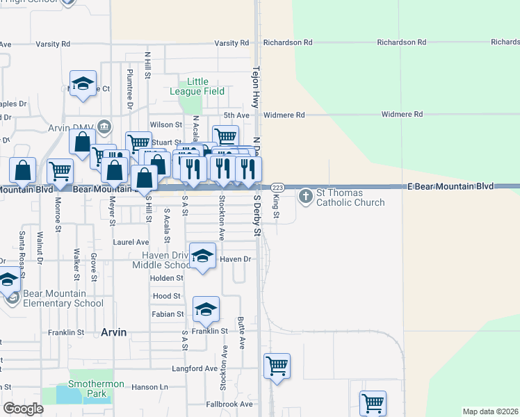 map of restaurants, bars, coffee shops, grocery stores, and more near 362B Tejon Highway in Arvin