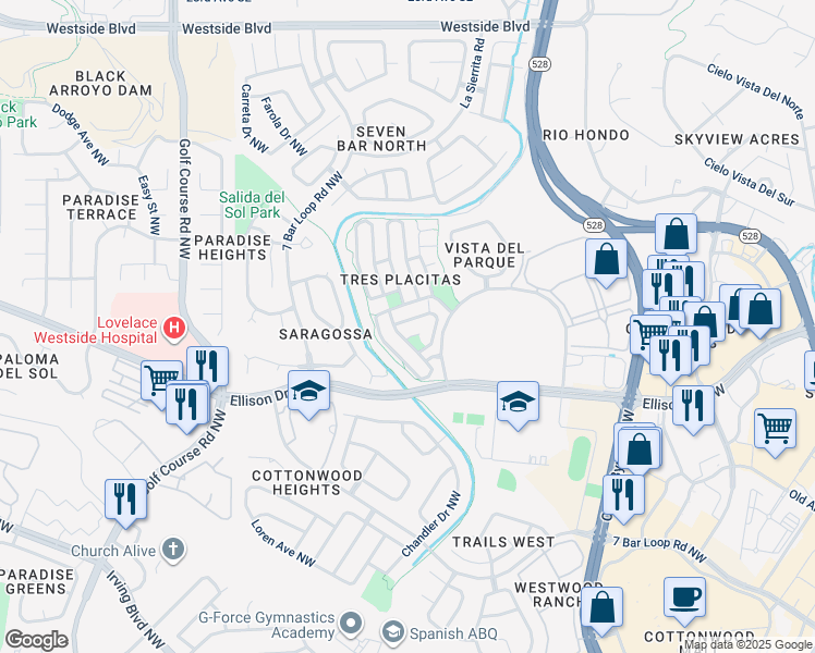 map of restaurants, bars, coffee shops, grocery stores, and more near 4204 Logan Road Northwest in Albuquerque