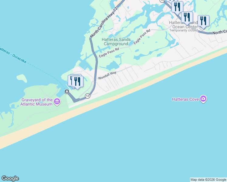 map of restaurants, bars, coffee shops, grocery stores, and more near 58229 Gray Eagle Road in Hatteras