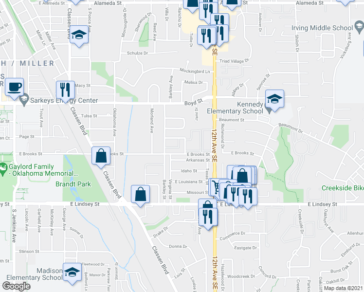 map of restaurants, bars, coffee shops, grocery stores, and more near 952 Halray Dr in Norman