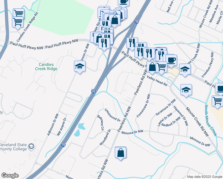 map of restaurants, bars, coffee shops, grocery stores, and more near 3030 Tomahawk Circle Northwest in Cleveland