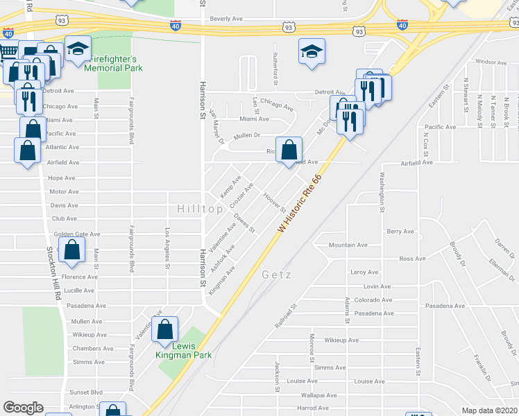 map of restaurants, bars, coffee shops, grocery stores, and more near 2531 Ashfork Avenue in Kingman