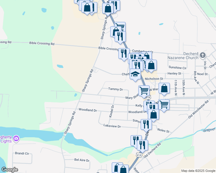 map of restaurants, bars, coffee shops, grocery stores, and more near 214 Tammy Dr in Decherd