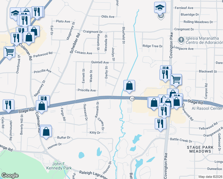 map of restaurants, bars, coffee shops, grocery stores, and more near 3018 Bluefield Street in Memphis