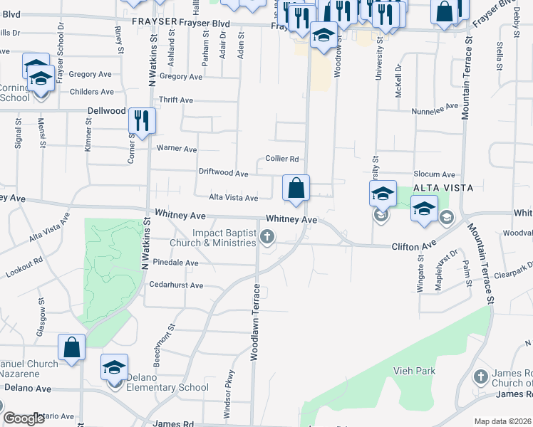 map of restaurants, bars, coffee shops, grocery stores, and more near 1998 Whitney Avenue in Memphis