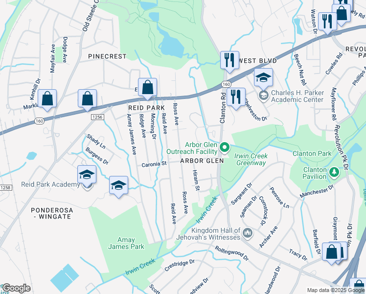 map of restaurants, bars, coffee shops, grocery stores, and more near 3035 Ross Avenue in Charlotte
