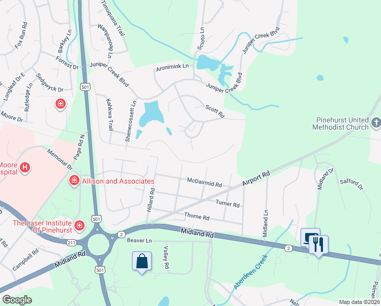 map of restaurants, bars, coffee shops, grocery stores, and more near 220 Barton Hills Court in Pinehurst