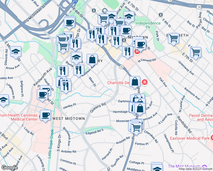 map of restaurants, bars, coffee shops, grocery stores, and more near in Charlotte