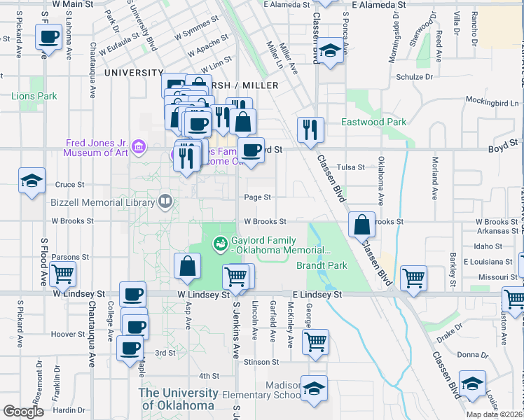 map of restaurants, bars, coffee shops, grocery stores, and more near 1223 Monnett Avenue in Norman