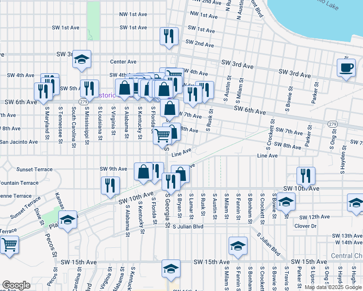 map of restaurants, bars, coffee shops, grocery stores, and more near 813 South Bryan Street in Amarillo