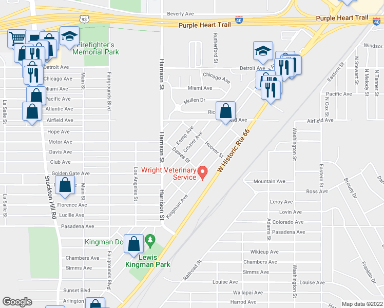 map of restaurants, bars, coffee shops, grocery stores, and more near 2515 Valentine Avenue in Kingman