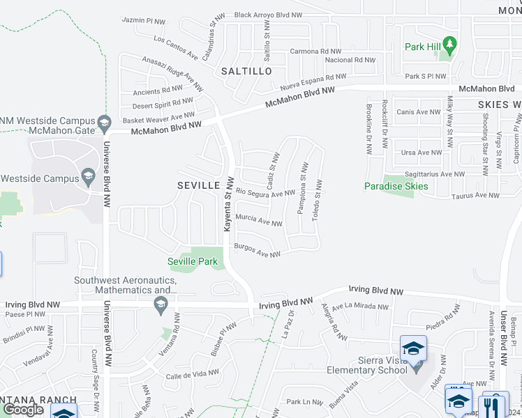 map of restaurants, bars, coffee shops, grocery stores, and more near 6108 Costa Blanca Avenue Northwest in Albuquerque