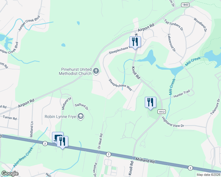 map of restaurants, bars, coffee shops, grocery stores, and more near 20 Steeplechase Court in Southern Pines
