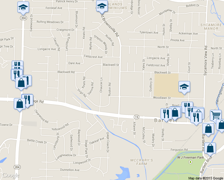 map of restaurants, bars, coffee shops, grocery stores, and more near 3020 Ruskin Road in Bartlett