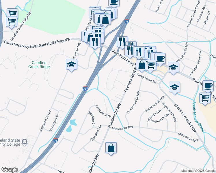 map of restaurants, bars, coffee shops, grocery stores, and more near 3005 Tomahawk Cir NW in Cleveland