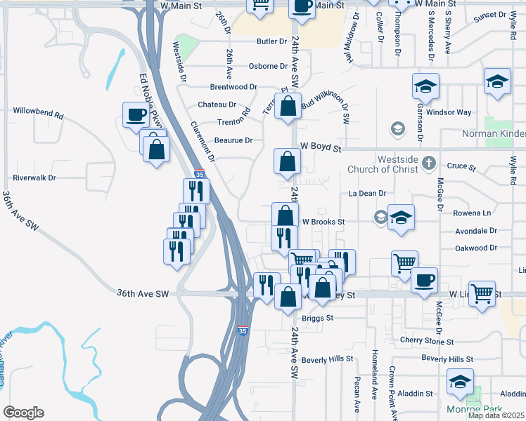 map of restaurants, bars, coffee shops, grocery stores, and more near 812 Douglas Drive in Norman