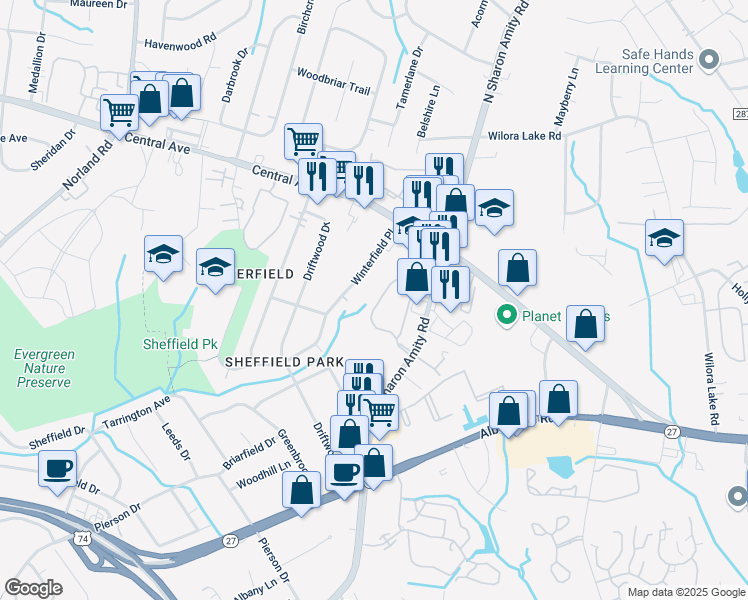 map of restaurants, bars, coffee shops, grocery stores, and more near 3533 Spanish Quarter Circle in Charlotte