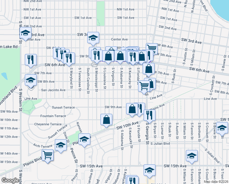map of restaurants, bars, coffee shops, grocery stores, and more near 815 South Virginia Street in Amarillo