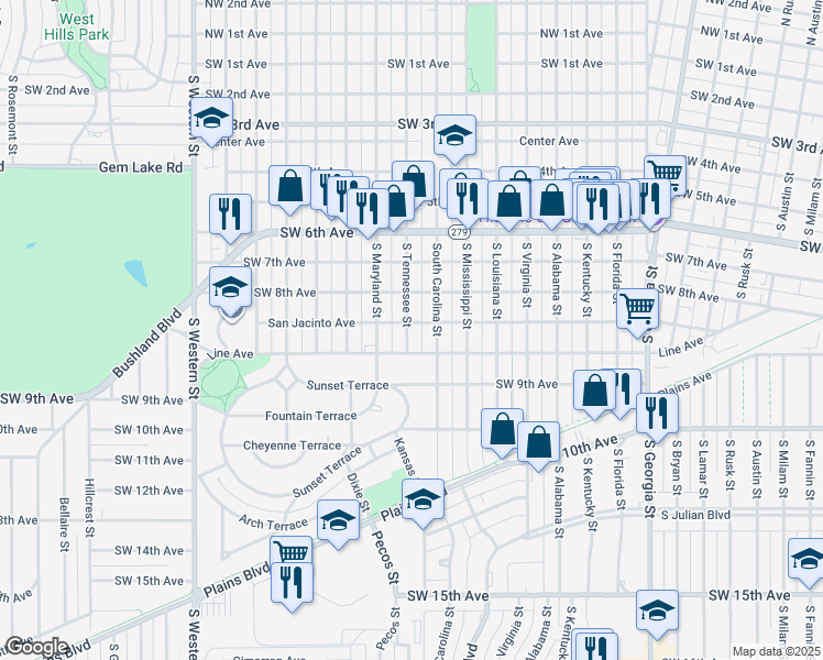 map of restaurants, bars, coffee shops, grocery stores, and more near 815 South Tennessee Street in Amarillo
