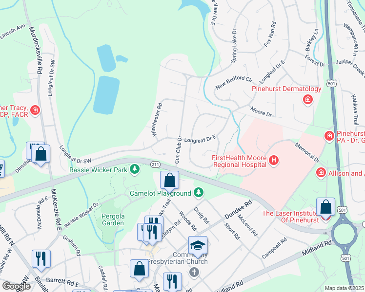 map of restaurants, bars, coffee shops, grocery stores, and more near 120 Gun Club Drive in Pinehurst
