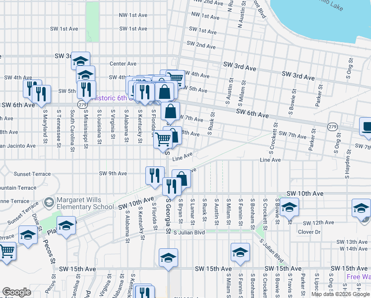 map of restaurants, bars, coffee shops, grocery stores, and more near 813 South Bryan Street in Amarillo