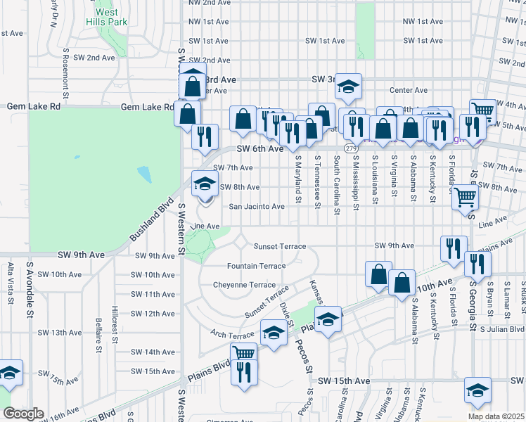 map of restaurants, bars, coffee shops, grocery stores, and more near 817 South Prospect Street in Amarillo
