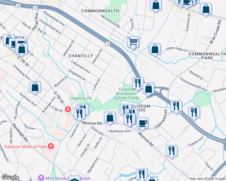 map of restaurants, bars, coffee shops, grocery stores, and more near 2652 Laburnum Avenue in Charlotte