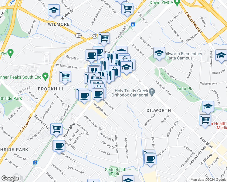 map of restaurants, bars, coffee shops, grocery stores, and more near 400 East Tremont Avenue in Charlotte