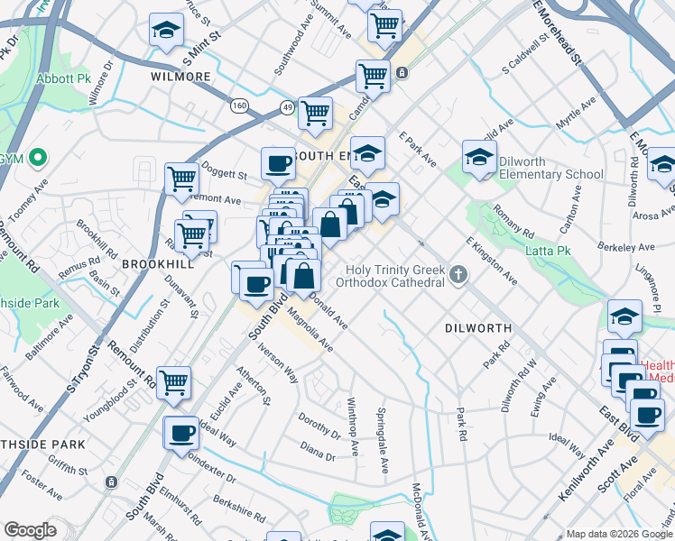 map of restaurants, bars, coffee shops, grocery stores, and more near in Charlotte
