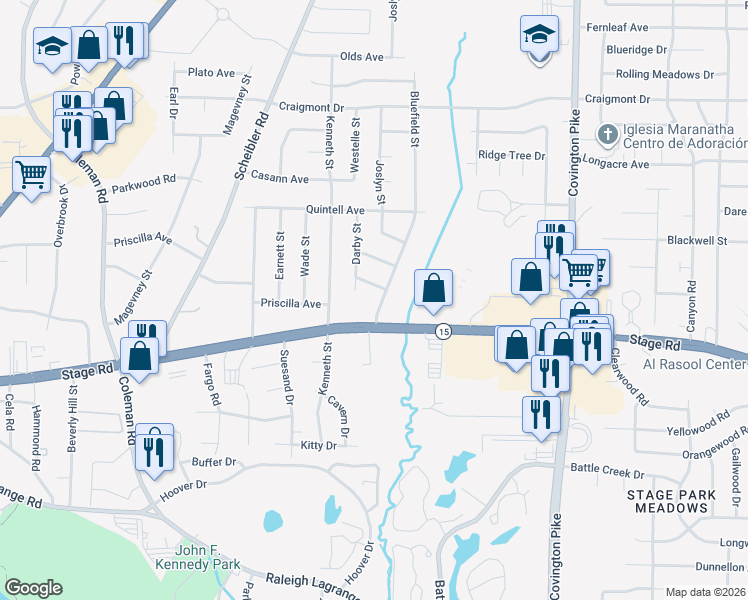 map of restaurants, bars, coffee shops, grocery stores, and more near 3018 Bluefield Street in Memphis