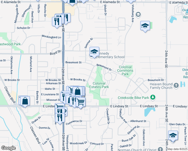 map of restaurants, bars, coffee shops, grocery stores, and more near 1343 Atlanta Circle in Norman