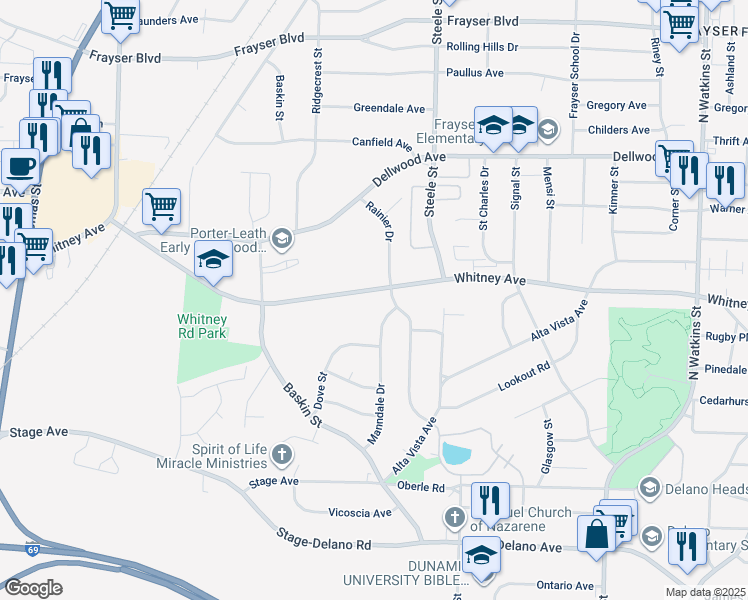 map of restaurants, bars, coffee shops, grocery stores, and more near 1373 Whitney Avenue in Memphis