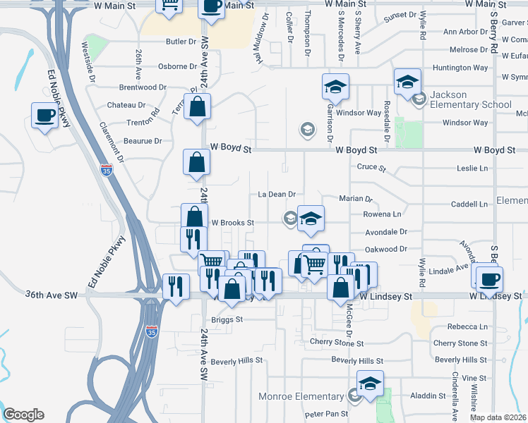 map of restaurants, bars, coffee shops, grocery stores, and more near 818 Jona Kay Terrace in Norman