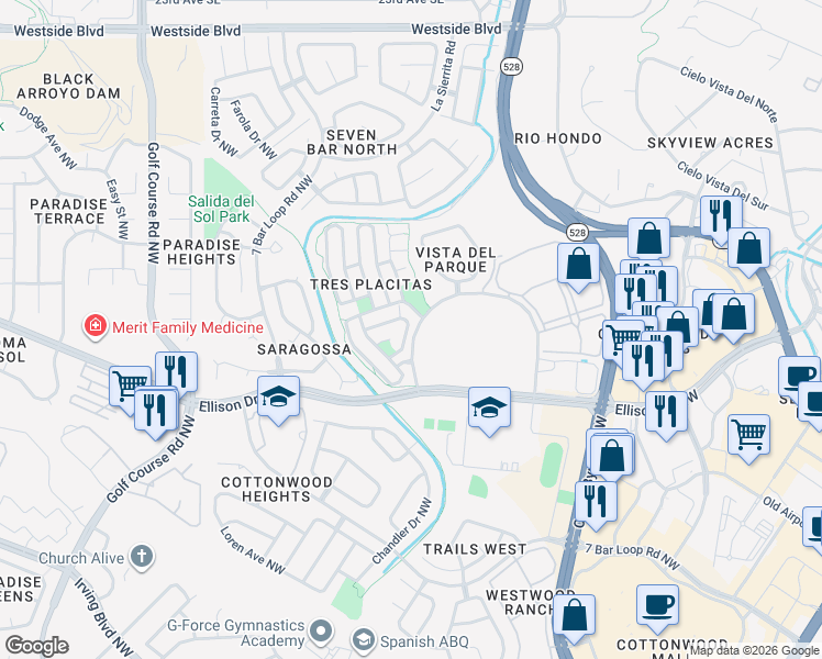 map of restaurants, bars, coffee shops, grocery stores, and more near 4112 Rowe Avenue Northwest in Albuquerque