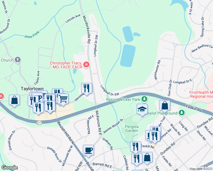 map of restaurants, bars, coffee shops, grocery stores, and more near Longleaf Drive East in Pinehurst