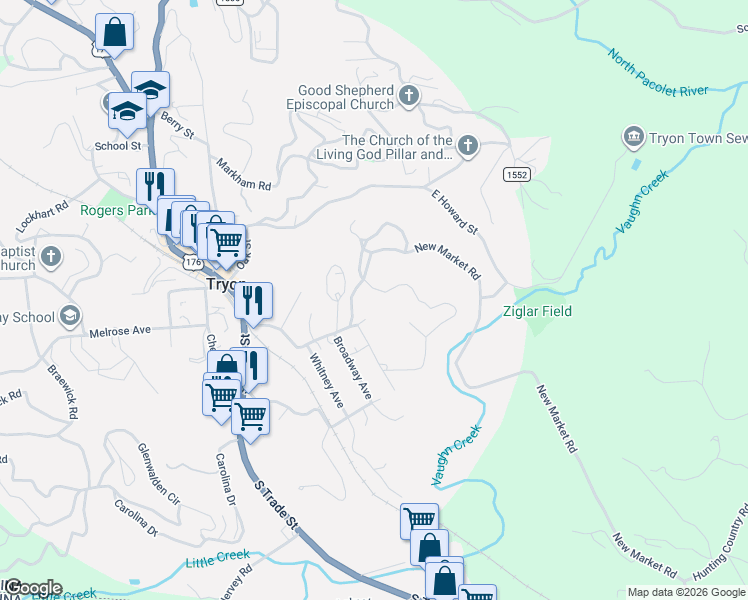 map of restaurants, bars, coffee shops, grocery stores, and more near 489 Winners Circle in Tryon