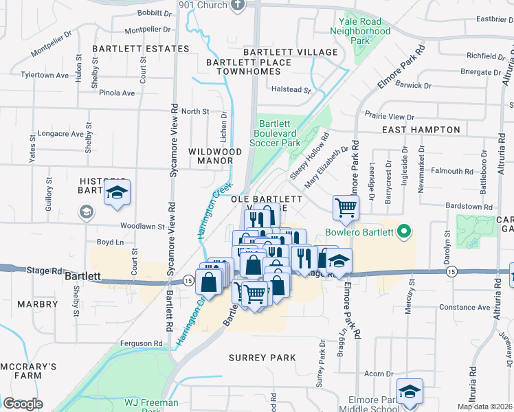 map of restaurants, bars, coffee shops, grocery stores, and more near 3019 Goforth Way in Bartlett