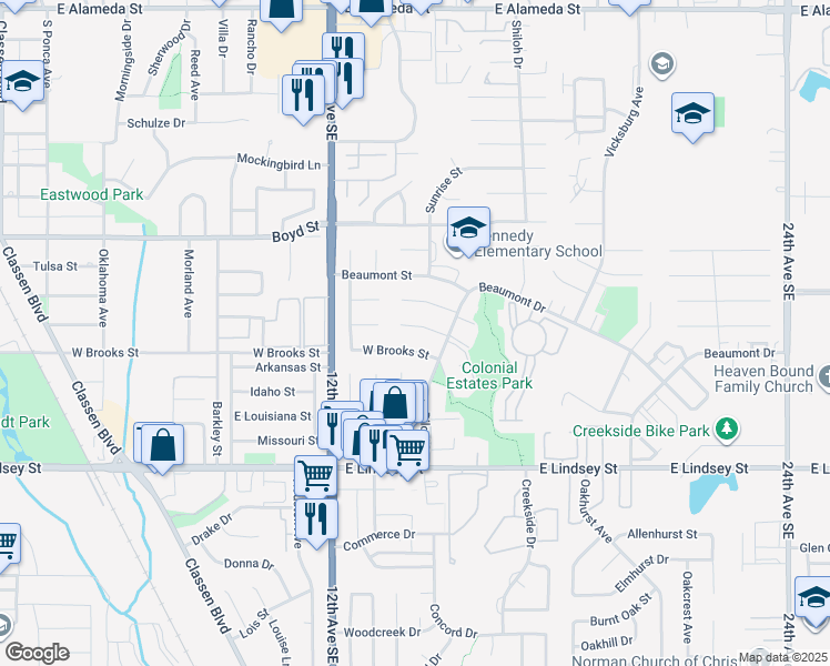 map of restaurants, bars, coffee shops, grocery stores, and more near 1316 Atlanta Circle in Norman