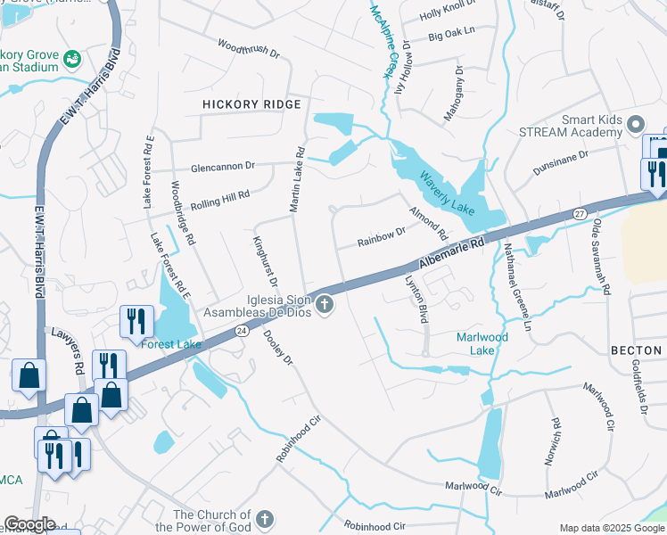 map of restaurants, bars, coffee shops, grocery stores, and more near 5805 Mallard Drive South in Charlotte