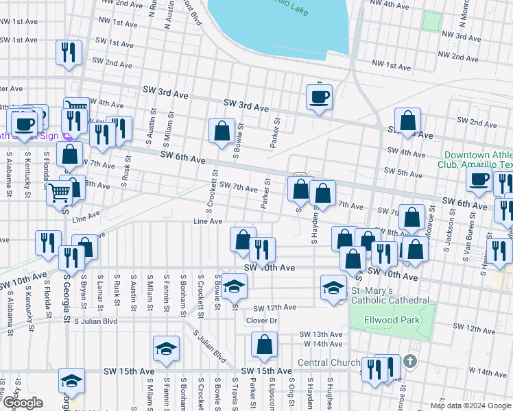 map of restaurants, bars, coffee shops, grocery stores, and more near 1502 Southwest 8th Avenue in Amarillo