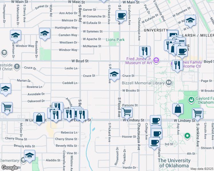 map of restaurants, bars, coffee shops, grocery stores, and more near 724 South Pickard Avenue in Norman