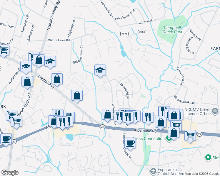 map of restaurants, bars, coffee shops, grocery stores, and more near 6134 Wilora Lake Road in Charlotte