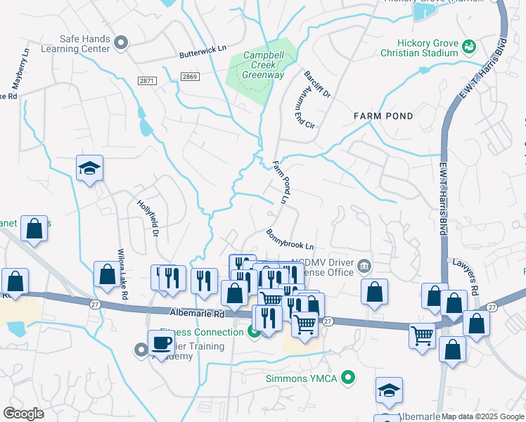 map of restaurants, bars, coffee shops, grocery stores, and more near 5322 Farm Pond Lane in Charlotte